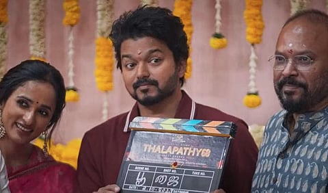 Producer Archana Kalpathi, actor Vijay and director Venkat Prabhu