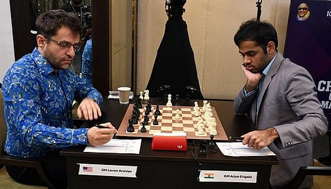 Levon Aronian (left) in action against Arjun Erigaisi in the ongoing Chennai Grand Masters.