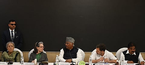 Congress President Mallikarjun Kharge, Sonia Gandhi and Rahul Gandhi. (Photo | Shekhar Yadav)