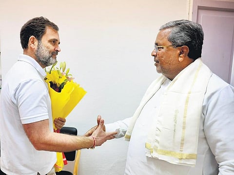 Chief Minister Siddamaramaiah greets Congress MP Rahul Gandhi in New Delhi on Wednesday | Express