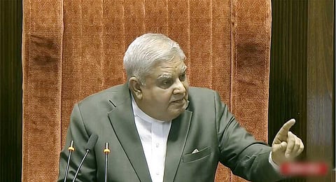 Rajya Sabha Chairman Jagdeep Dhankhar conducts proceedings in the House during the Winter session of Parliament, in New Delhi, Wednesday, Dec. 20, 2023. (PTI Photo)