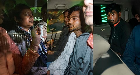 (L-R) The accused Neelam Verma, Sagar Sharma and Amol Shinde who were arrested for the Parliament security breach during the Winter session. (Photo | PTI)