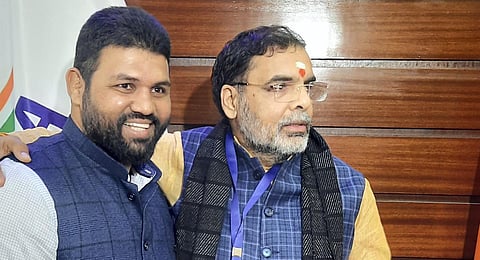 Wrestling Federation of India (WFI) presidential candidate Sanjay Singh (right) on the day of WFI elections, in New Delhi on Thursday, December 21, 2023.