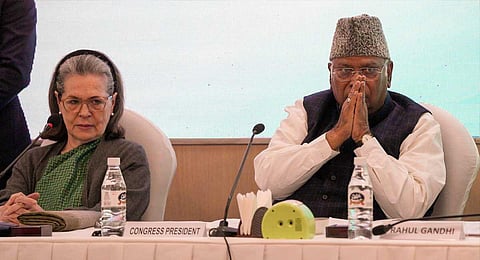 Congress President Mallikarjun with party leader Sonia Gandhi during the Congress Working Committee Meeting, at AICC headquarters, in New Delhi, Thursday, Dec. 21, 2023. (PTI)