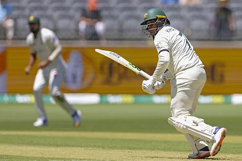 Usman Khawaja bats on the first day of the first cricket test between Australia and Pakistan in Perth, Dec 14, 2023. (Photo | AP)