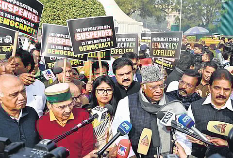 Congress president Mallikarjun Kharge and other Opposition MPs address media over the suspension of 150 MPs from Parliament on Thursday | shekhar yadav