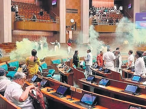 Parliament security breach: The yellow smoke from canisters released by the accused on Dec 13, 2023.