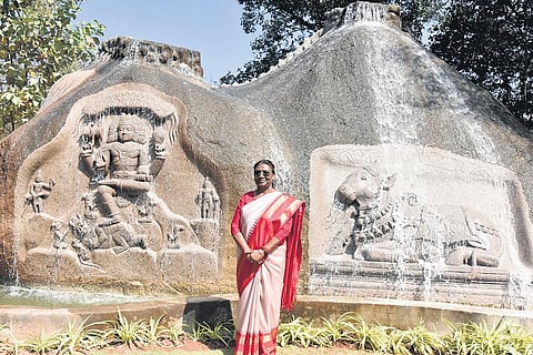 President Droupadi Murmu is seen in front of the newly inaugurated sculptures of Lord Shiva and Nandi at Rashtrapati Nilayam in Hyderabad on Thursday