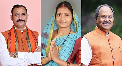 Newly-inducted Chhattisgarh BJP ministers Shyam Bihari Jaiswal, Laxmi Rajwade, and Brijmohan Agrawal. (Photos | Facebook)