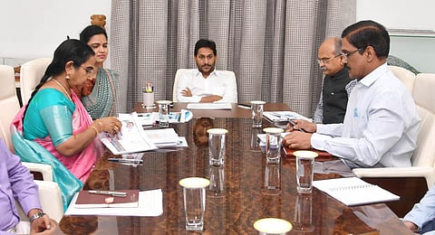 AP chief minister YS Jagan Mohan Reddy during review meeting on Covid at his camp office in Tadepalli.| Express