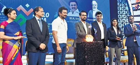 Sports minister Anurag Thakur (C) during a function related to the upcoming Khelo India Youth Games in Tamil Nadu, in Chennai on Friday. TN sports minister Udhayanidhi Stalin (3rd L) & chess great Vis