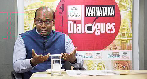 Health commissioner Randeep speaks during Express Dialogues with TNIE staff,in Bengaluru. (Photo | Vinod kumar T)