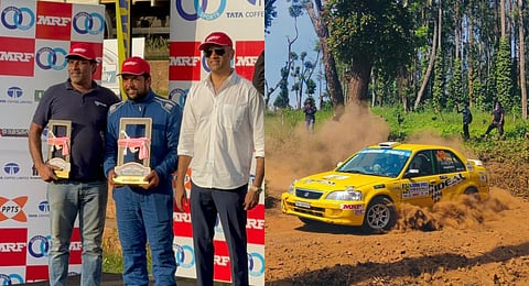 Abhin Rai (centre) awarded the Rising Star trophy at Kodagu; Abhin Rai in action during the INRC rally. (Photo | Express)