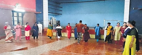 Kudumbashree members of Angamaly and Muvattupuzha blocks practising Chavittu Nadakam titled ‘Chuvadi’ to be performed in Kochi on Sunday