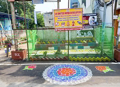 Fencing and beautification done at a frequently littered spot at Palayam Bazaar road in Tiruchy on Saturday | EXPRESS