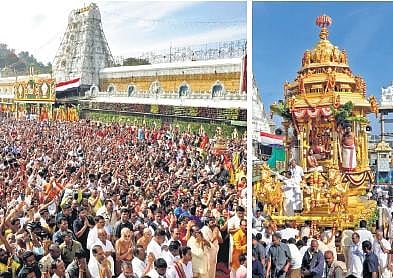 Lord Malayappa Swamy, along with His Consorts, being taken out in a procession on the Swarna Ratham in the four Mada Streets of Tirumala on Saturday | Express