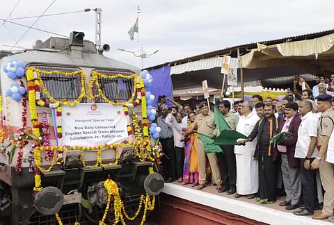 Union Minister of State for Information and Broadcasting L Murugan flags off new daily train services between Coimbatore and Pollachi railway stations on Dec 24, 2023 | Express