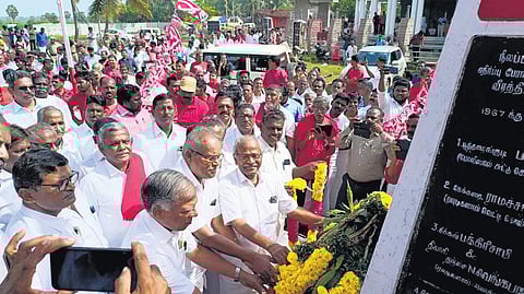 CPM politburo member G Ramakrishnan and state secretary K Balakrishnan leading the tributes at the Keezhvenmani Memorial Pillar at Keezhvenmani | Express
