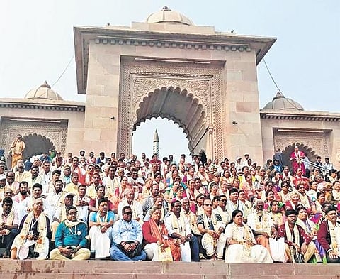 Tamil Sangamam delegates at Viswanath Temple in Varanasi; (Right) S Rajalingam | Express