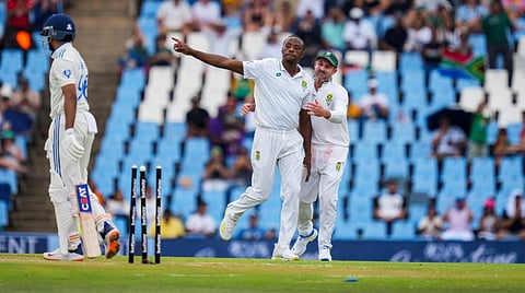 South Africa's Kagiso Rabada celebrates after taking the wicket of India's Shreyas Iyer during the first day of the first Test cricket match between India and South Africa. (Photo | PTI)