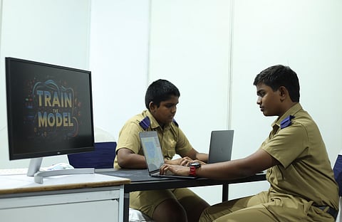 Vishwanath Kasaraboina and his brother Siddharth Kasaraboina, students of HPS use the prototypes of the game that they have created during the STARTX Summit. ( Photo | Sri Loganathan Velmurugan)