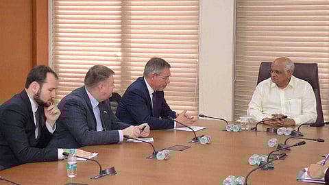 Gujarat CM Bhupendra Patel meeting Russian Ambassador Denis Alipov (Photo | Special arrangement)