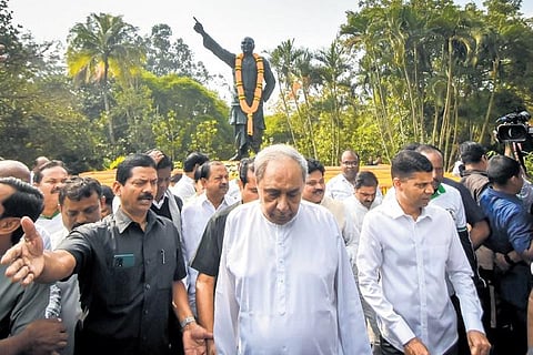 BJD president and CM Naveen Patnaik on his way back after paying floral tributes to Biju Patnaik’s statue at Forest Park on Tuesday | Express