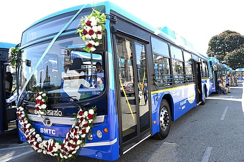 An electric bus that was flagged off in Bengaluru. (Photo | Nagaraja Gadekal, EPS)