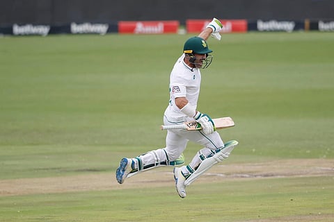 South Africa's Dean Elgar celebrates after scoring a century. (Photo | AFP)
