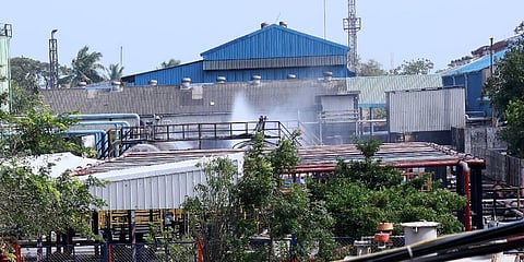 Foam used for putting out fire coming out from the place where the fire occured inside IOCL (Photo | P. Ravikumar, EPS)