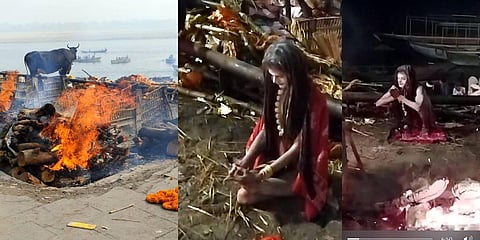 Manikarnika Ghat (L), Person who claims himself as Aghori performing rituals by sitting in a yogic posture in front of the bodies being burnt.