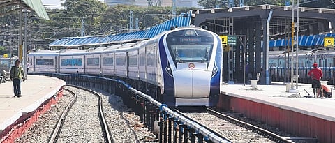 The Coimbatore-Bengaluru Vande Bharat Express enters Bengaluru Cantonment as part of its trial run, on Wednesday | Vinod Kumar T