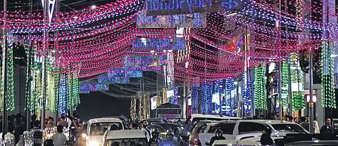Colourful serial lights envelope Brigade Road on Thursday, as Bengaluru gets ready to welcome 2024 | Allen Egenuse J
