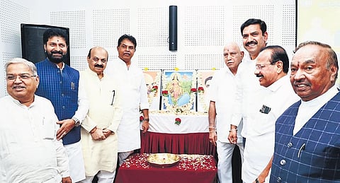 BJP state president BY Vijayendra with party leaders BS Yediyurappa, DV Sadananda Gowda, CT Ravi, Basavaraj Bommai, KS Eshwarappa, R Ashoka and Govind Karjol at the BJP office in Bengaluru on Thursday