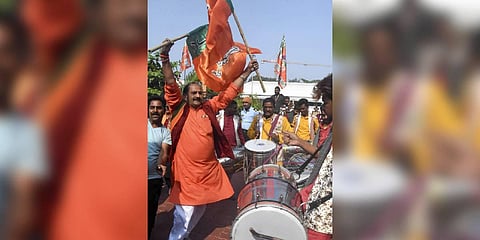 BJP workers celebrating the party's lead during counting of votes for Assembly elections in four states (Photo | PTI)