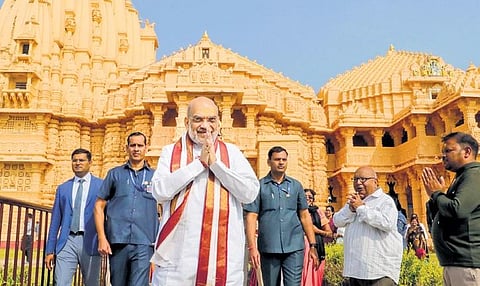 Amit Shah visits Somnath temple in Gir Somnath district on Saturday | pti