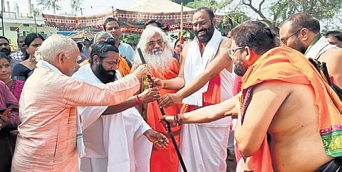 Foundation stone for Smruthi Mandir in Kandakurthi village, Nizamabad, where RSS founder Dr Keshavaram Baliram Hedgewar hailed from, was laid on Saturday. (Photo | Express)