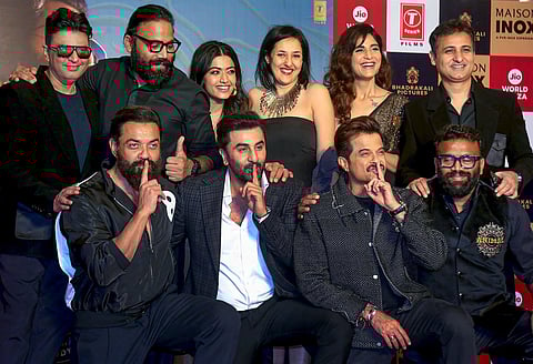 Actors Ranbir Kapoor, Rashmika Mandanna, Anil Kapoor, Bobby Deol and other cast of the film 'Animal' during promotions. (Photo | PTI)