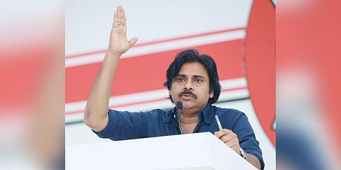 Janasena chief Pawan Kalyan during the party's meeting on Friday. (Photo | Express )