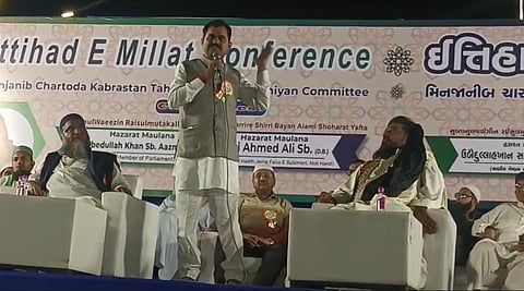 Screengrab from a video showing Dinesh Kushwaha delivering the speech