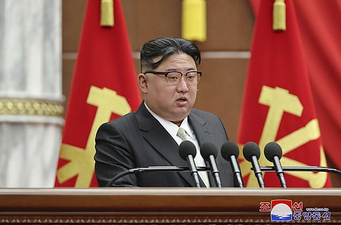 North Korean leader Kim Jong Un delivers a speech during a year-end plenary meeting of the ruling Workers’ Party, which was held between Dec. 26, and Dec. 30, 2023, in Pyongyang, North Korea. | AP