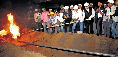 RINL CMD Atul Bhatt lighting up the Blast Furnace-3 at Visakhapatnam Steel Plant on Saturday. (Photo | express)