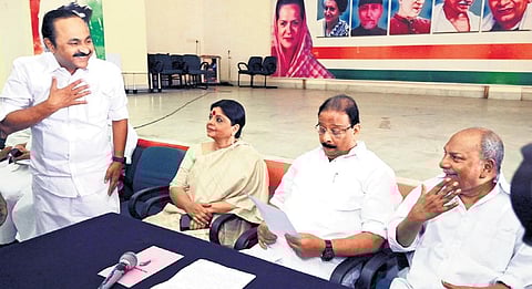 Leader of Opposition V D Satheesan greets senior leader A K Antony at the Congress executive committee meet held at Indira Bhavan in T’Puram.