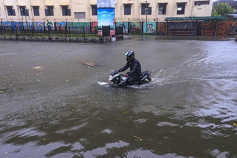 A commuter on a waterlogged road during heavy rain owing to Cyclone Michaung, in Chennai. (Photo | PTI)