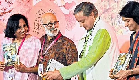 Shashi Tharoor shares stage with sister Smita Tharoor, at the ‘The Tharoors Confabulate’ session in the Bangalore Literature Festival on Sunday. Express