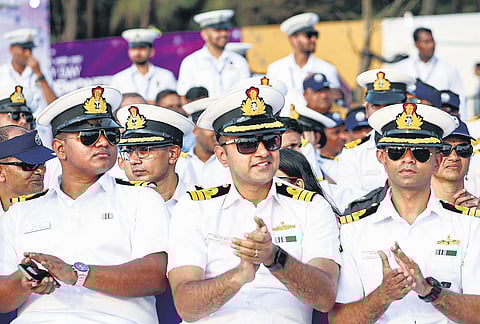Navy personnel take part in Navy Day celebrations in Sindhudurg district in Maharashtra on Monday | pti