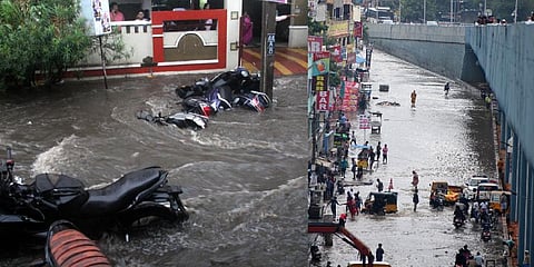 Strong winds and downpour hit paddy crop at Nunna near Vijayawada; Heavy rainfall led to inundation of several streets in Visakhapatnam; A biker being rescued by a crane in Nellore district on Tuesda