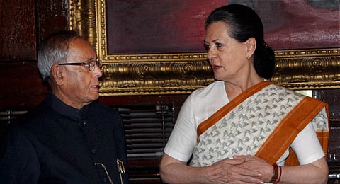 FILE - Former President Pranab Mukherjee with ex-AICC President Sonia Gandhi. (Photo | PTI)