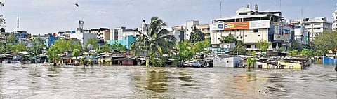 A slum in Saidapet, Chennai, got submerged in water due to flooding of Adyar river. (Photo | Shiba Prasad Sahu, EPS)