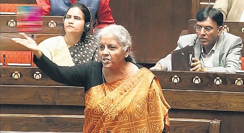 Union Finance Minister Nirmala Sitharaman speaks in the Rajya Sabha during the Winter session of Parliament in New Delhi on Tuesday | PTI